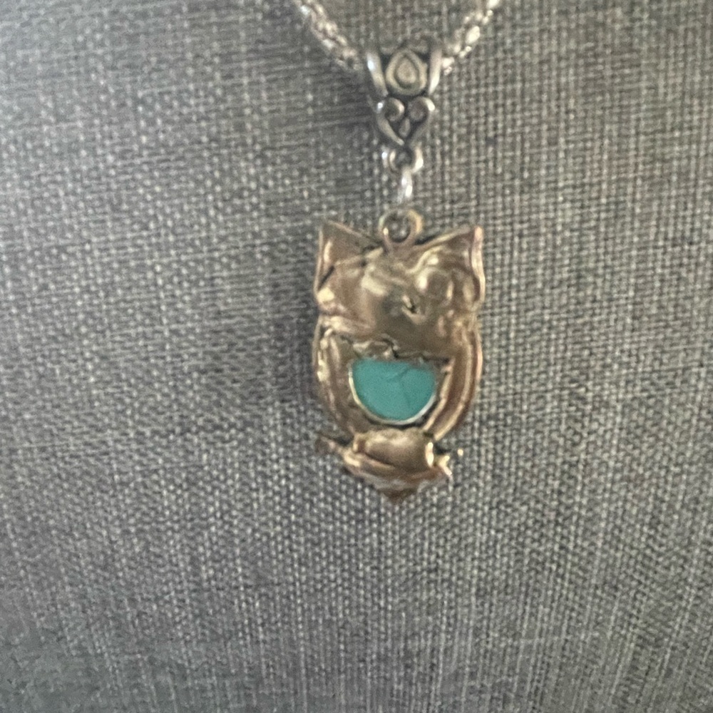 Womens Owl Silver/Gold Tone Faux Turquoise Boho Necklace - Picture 6 of 7